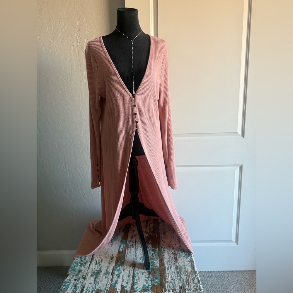 Free People Pink Long Fitted Cardigan with Button Detail